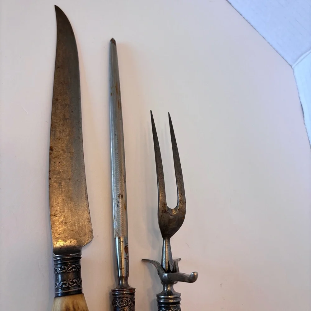 Antique Vintage Antler Handle Handle Carving Set w/ Silver Plated Ferrules Rare - Picture 14 of 14